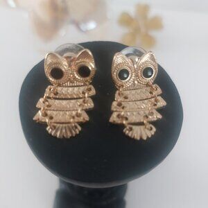 Baby Owl Earrings Post Gold Tone Articulated Movable Design 1 Inch Drop